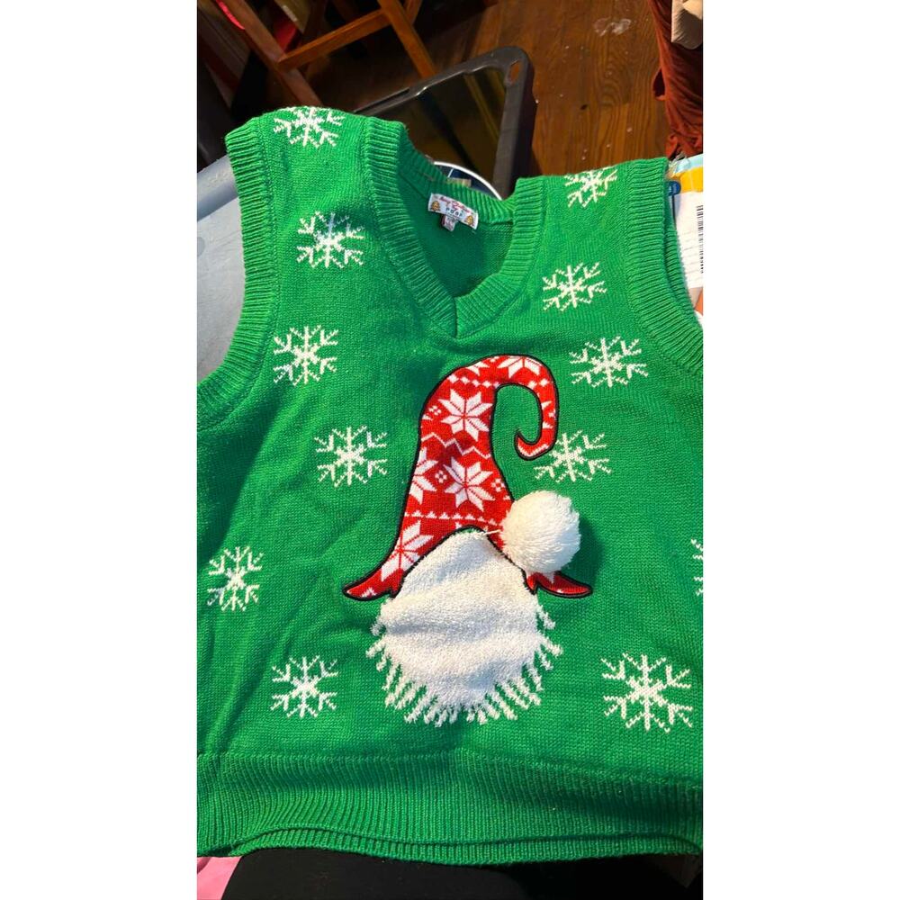 Merry Christmas Poof NY Green Gnome Ugly Sweater Vest Snowflakes
